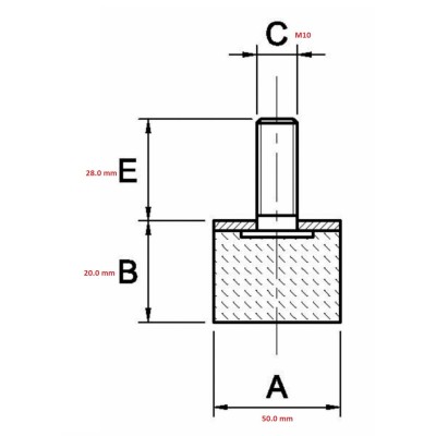 ANTI-VIBRATION MALE FOOT 50X20 M10X28