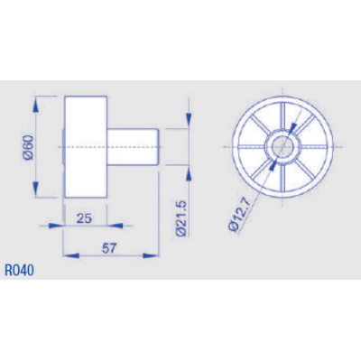 Red roller with long nose for roller conveyors